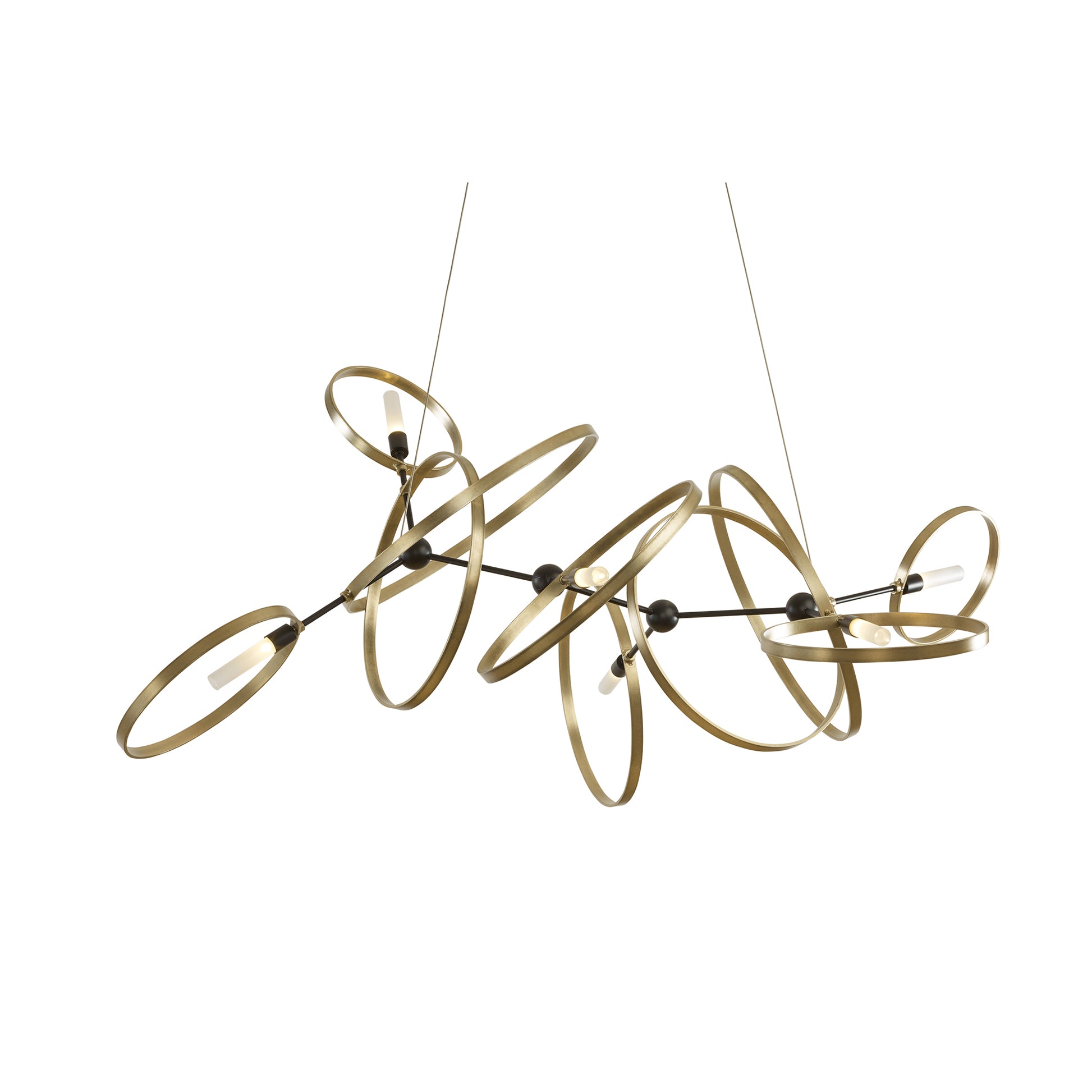 Modern chandelier: Celesse Pendant by Hubbardton Forge, featuring elegant gold rings and sleek black rods with multiple light sources.