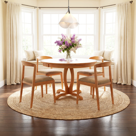 Lyndon Furniture Cherry Blossom Single Pedestal Round Table with four matching chairs crafted from solid wood, showcasing elegant Vermont craftsmanship.