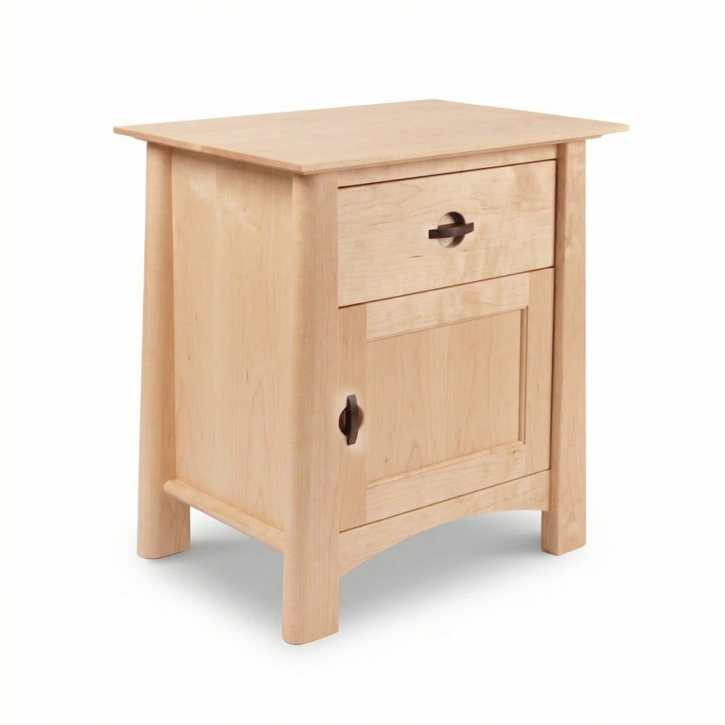 Maple Corner Woodworks Cherry Moon 1-Drawer Nightstand With Door features light cherry wood, one drawer, and sleek craftsmanship.