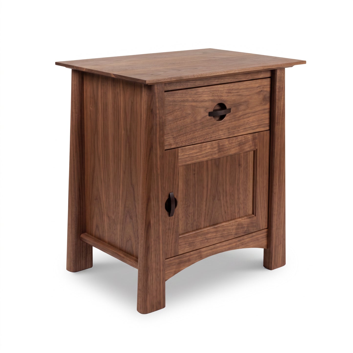 Cherry Moon 1-Drawer Nightstand With Door by Maple Corner Woodworks, featuring sleek solid cherry wood and elegant metal handles, American made.