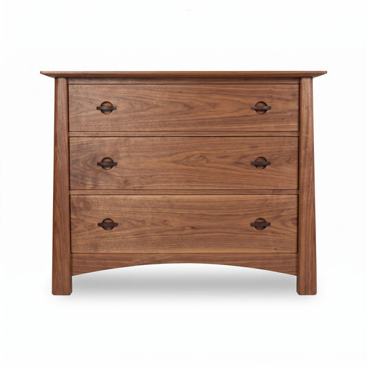 Maple Corner Woodworks Cherry Moon 3-Drawer Chest with round dark handles, crafted from cherry wood and featuring American-made quality.