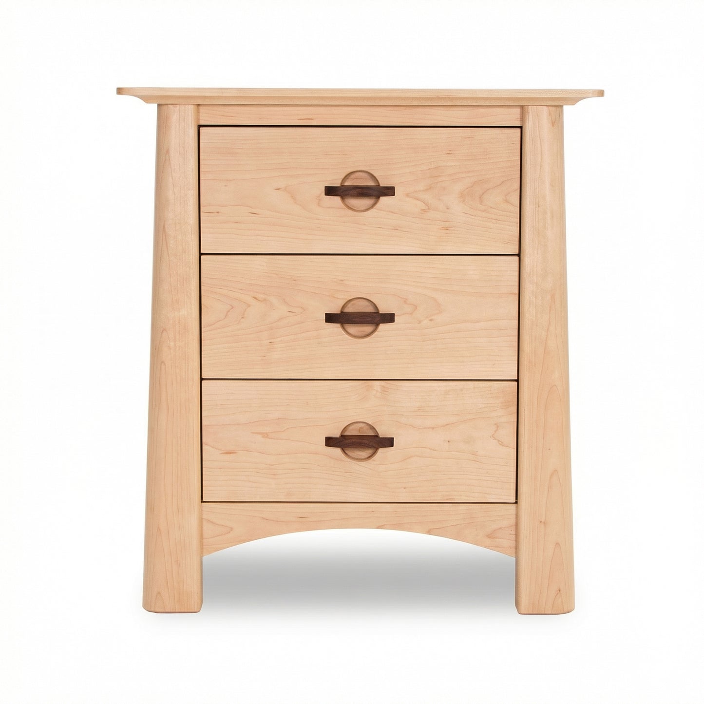Cherry Moon 3-Drawer Nightstand by Maple Corner Woodworks featuring round metal handles, handcrafted in solid wood, American made.