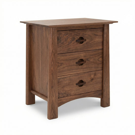 Cherry Moon 3-Drawer Nightstand by Maple Corner Woodworks, featuring Vermont craftsmanship and a distinctive curved base in solid cherry wood.