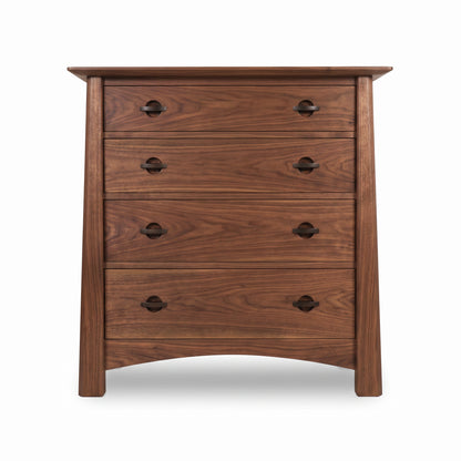 Maple Corner Woodworks Cherry Moon 4-Drawer Chest features cherry wood, curved legs, and round metal handles, styled in fine American craftsmanship.