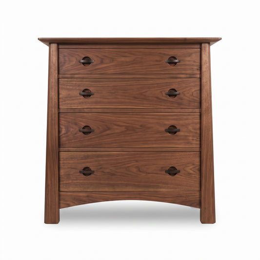 Maple Corner Woodworks Cherry Moon 4-Drawer Chest features cherry wood, curved legs, and round metal handles, styled in fine American craftsmanship.
