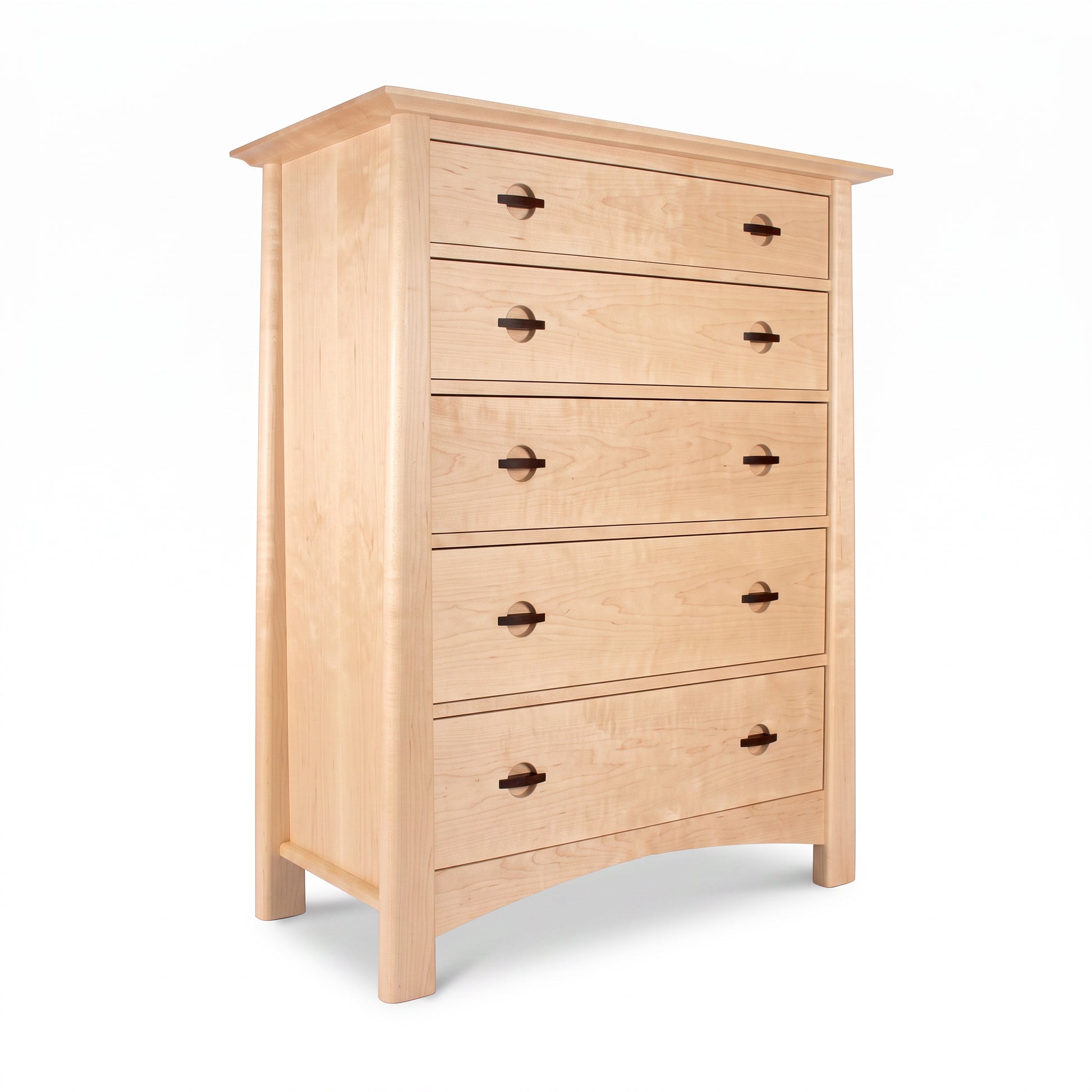 Maple Corner Woodworks Cherry Moon 5-Drawer Chest in maple wood with natural walnut handles and natural finish, showcasing handcrafted American quality.