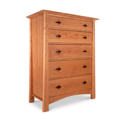 Cherry Moon 5-Drawer Chest by Maple Corner Woodworks with dark handles and four legs, showcasing Vermont craftsmanship in solid cherry wood.