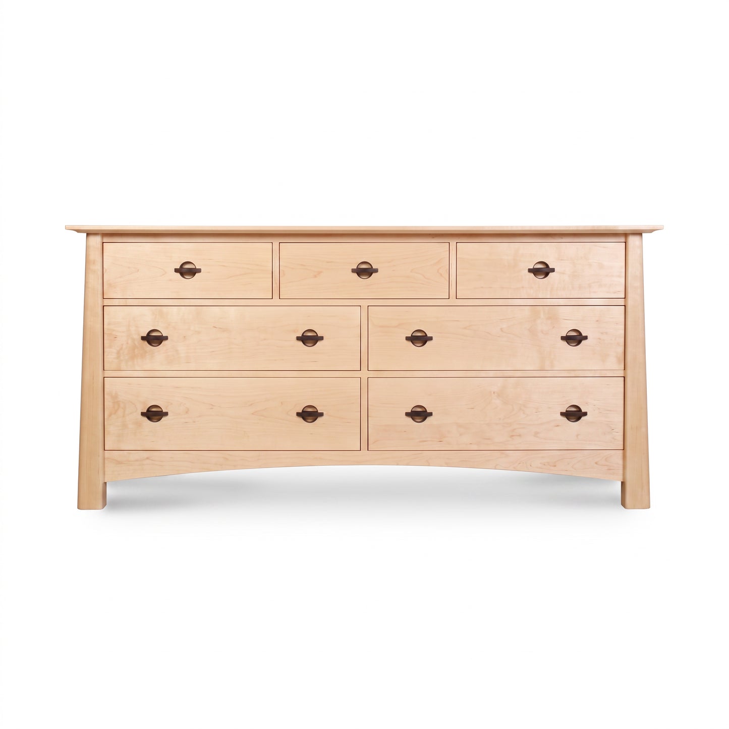 Cherry Moon 7-Drawer Dresser by Maple Corner Woodworks, handmade in Vermont from eco-friendly light cherry wood with contrasting dark handles.