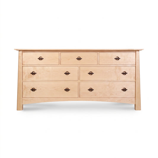 Cherry Moon 7-Drawer Dresser by Maple Corner Woodworks, handmade in Vermont from eco-friendly light cherry wood with contrasting dark handles.