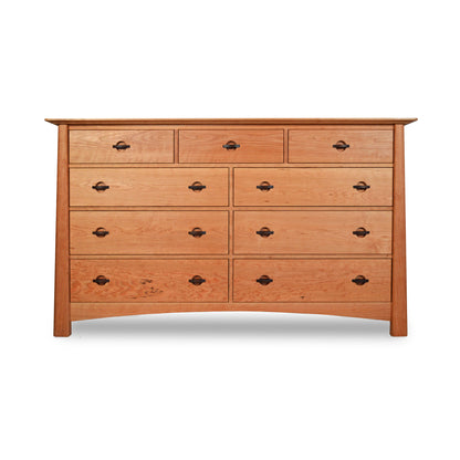 Cherry Moon 9-Drawer Dresser by Maple Corner Woodworks, eco-friendly design with three small top drawers and six spacious lower drawers, featuring sleek metal handles.