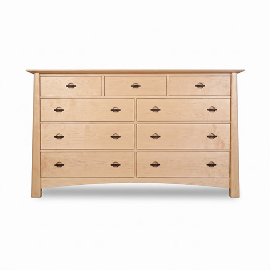 Cherry Moon 9-Drawer Dresser by Maple Corner Woodworks, handmade in Vermont, features a light wood finish with dark metal handles.