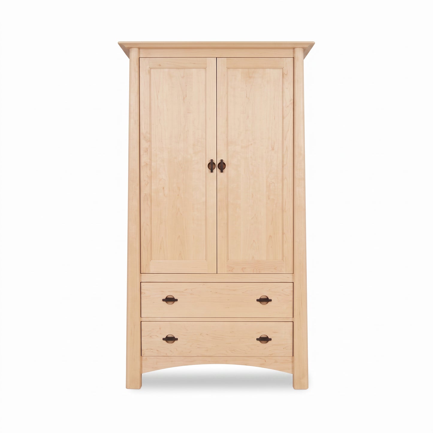 Cherry Moon Armoire by Maple Corner Woodworks crafted from solid hardwood in Vermont with dark metal handles, showcasing fine American craftsmanship.