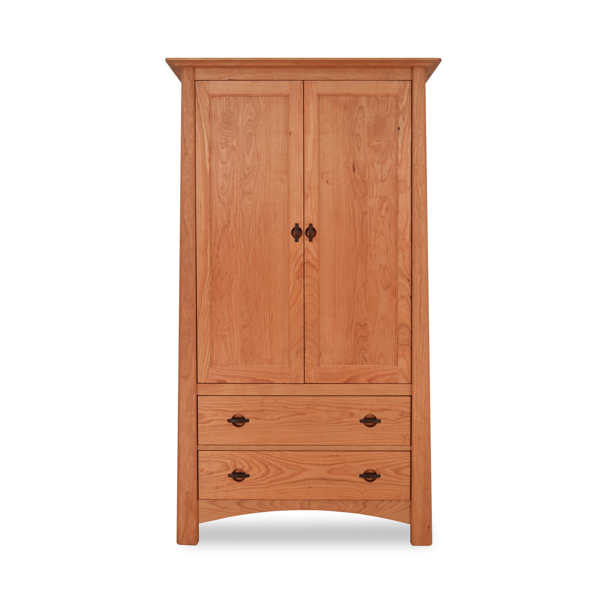 Cherry Moon Armoire by Maple Corner Woodworks showcasing solid hardwood construction, featuring two upper doors and two lower drawers with decorative handles.