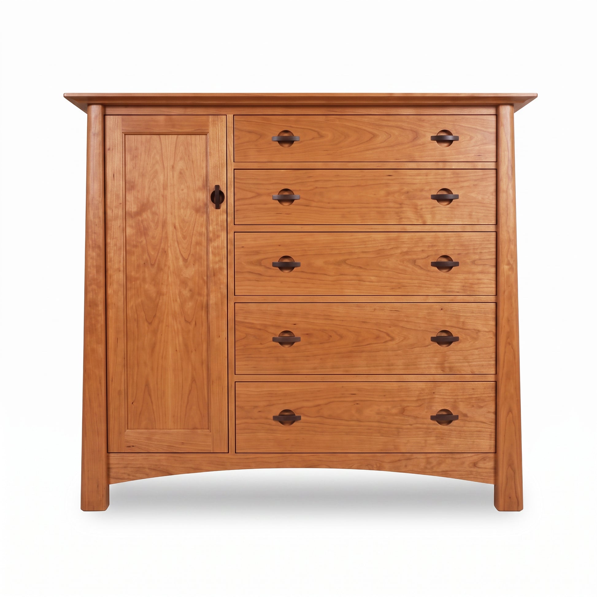 Maple Corner Woodworks Cherry Moon Gent’s Chest with five drawers and cabinet door, crafted in cherry wood with dark handles.