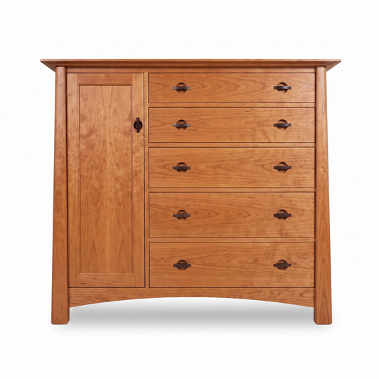 Maple Corner Woodworks Cherry Moon Gent’s Chest with five drawers and cabinet door, crafted in cherry wood with dark handles.