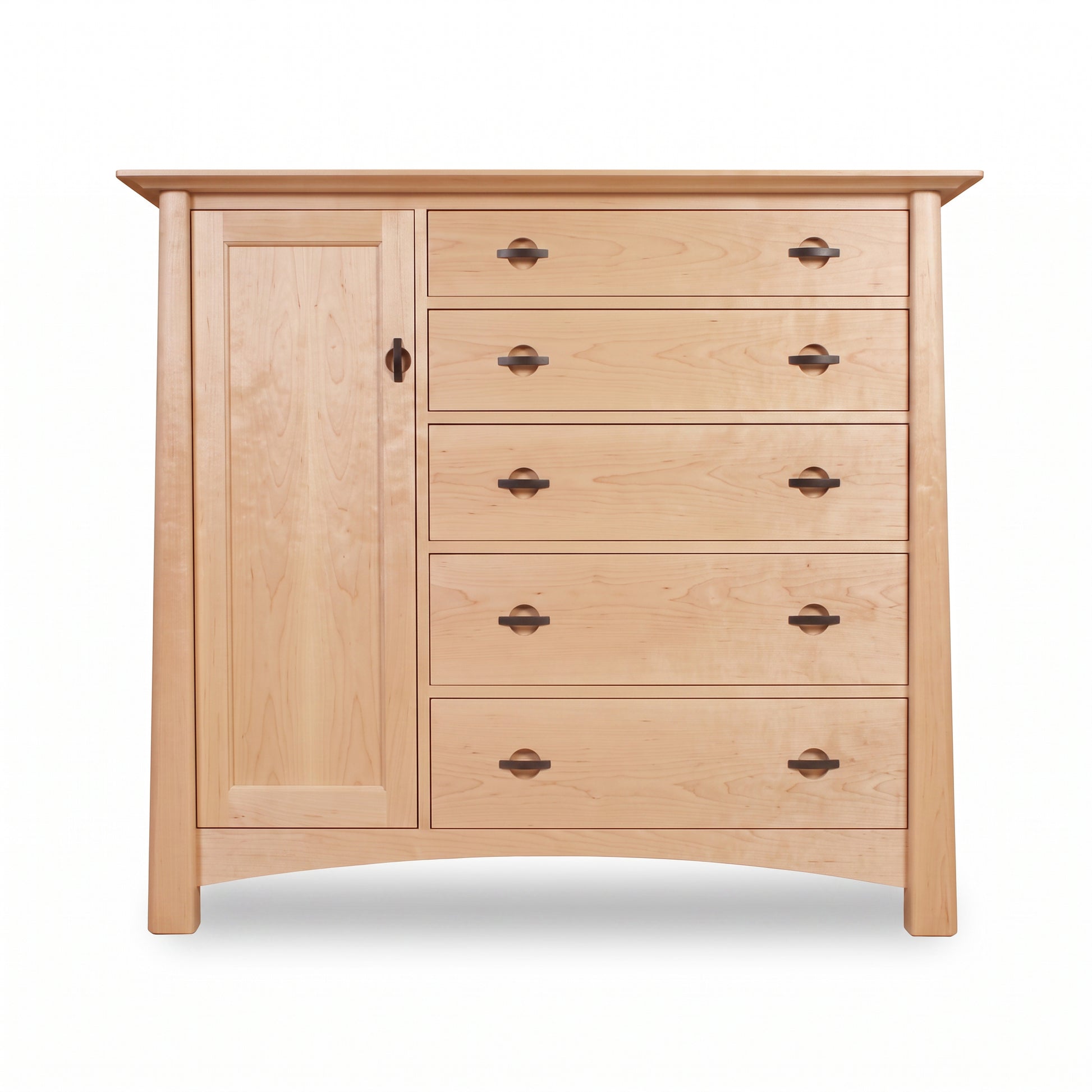 Cherry Moon Gent’s Chest by Maple Corner Woodworks with 5 drawers, a cabinet door, and dark handles in solid wood, handcrafted in Vermont.