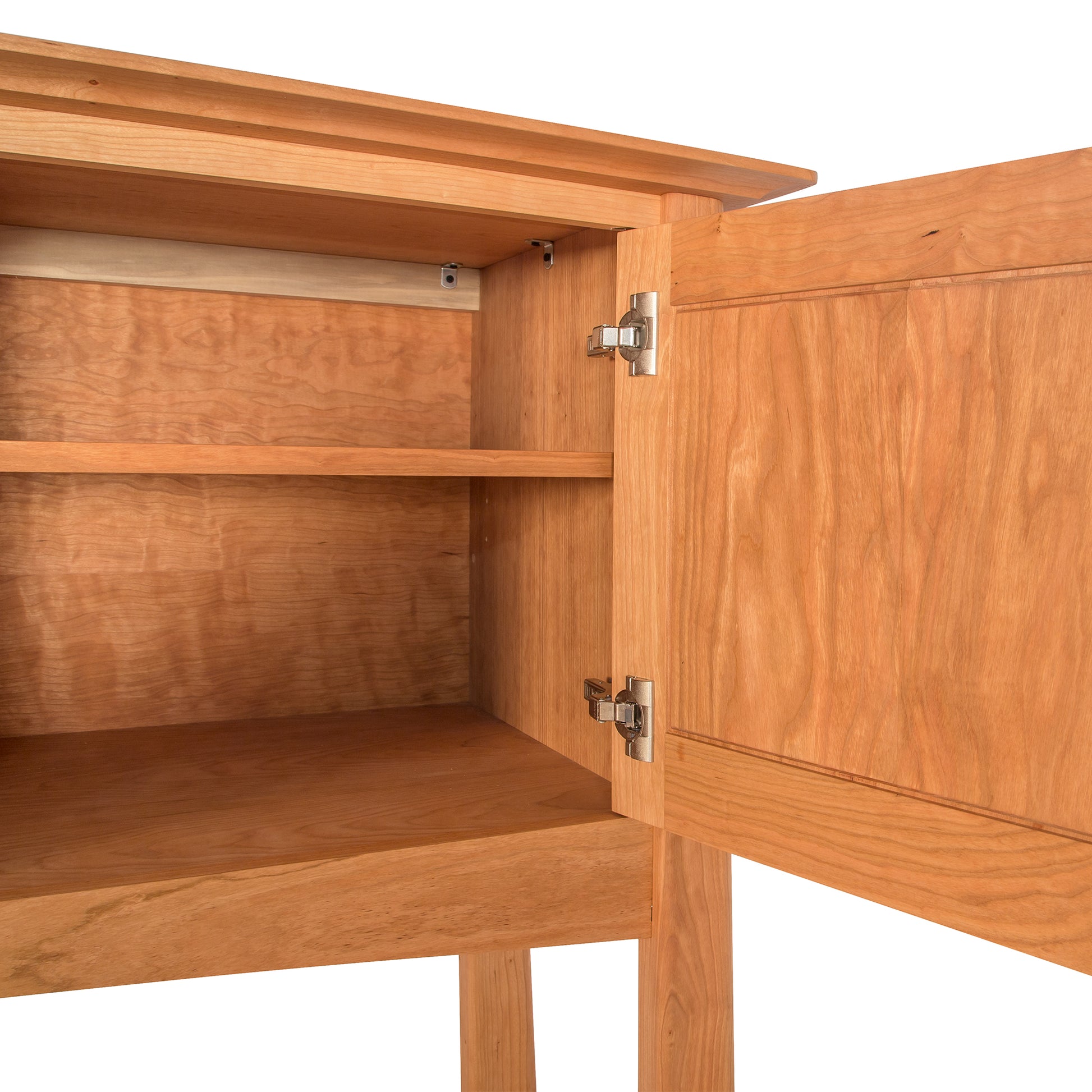 Cherry Moon Huntboard by Maple Corner Woodworks featuring Asian-inspired design, hinged door, empty interior shelf, and highlighted metal hardware.