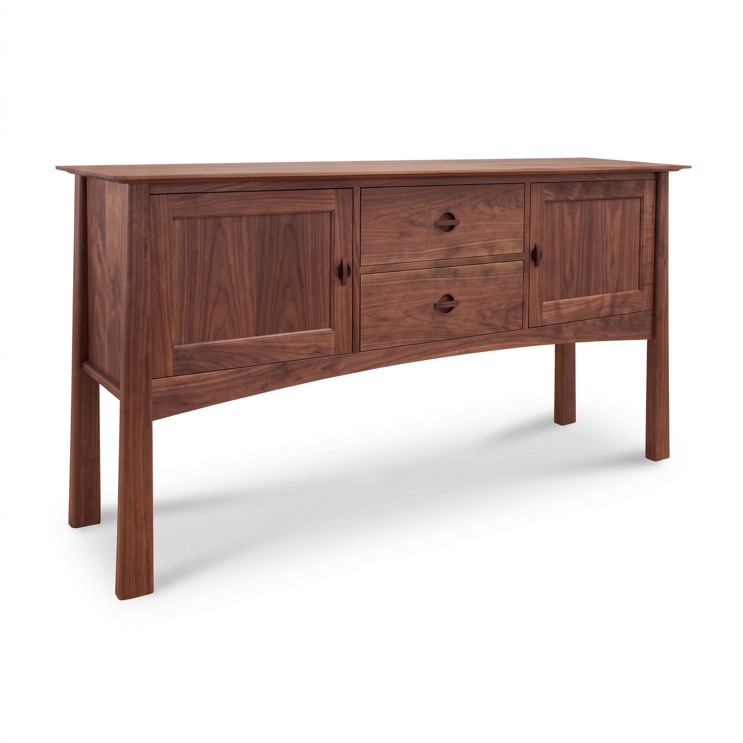 Cherry Moon Huntboard by Maple Corner Woodworks, showcasing an Asian-inspired design with two cabinet doors, two drawers, minimalist handles, and a subtly curved base handcrafted in natural walnut.