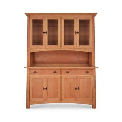 Cherry Moon Large China Cabinet by Maple Corner Woodworks, with upper glass cabinets, lower solid wood cabinets, and three center drawers in elegant Asian style.