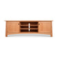 Cherry Moon 80" TV-Media Console featuring an elegant curved base, two side cabinets, and three central open shelves, crafted from light-colored wood as part of the Cherry Moon Furniture Collection by Maple Corner Woodworks.