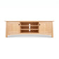 Cherry Moon 80″ TV-media console by Maple Corner Woodworks in light cherry wood with two cabinets, open shelves, and cable management hole.