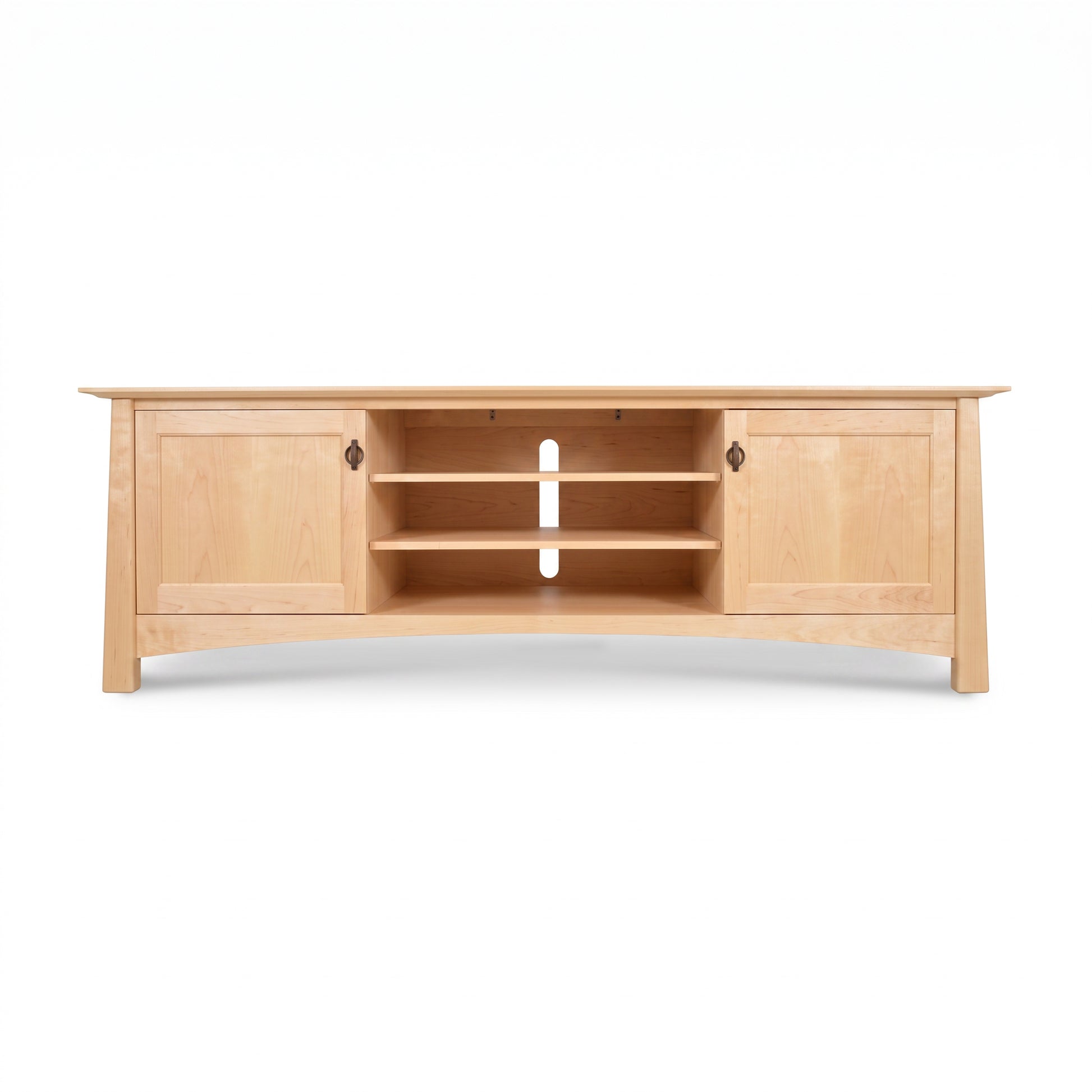 Cherry Moon 80″ TV-media console by Maple Corner Woodworks in light cherry wood with two cabinets, open shelves, and cable management hole.