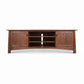 Cherry Moon 80″ TV-media console by Maple Corner Woodworks with 2 cabinets, 3 open shelves, and cable management hole in solid wood craftsmanship.