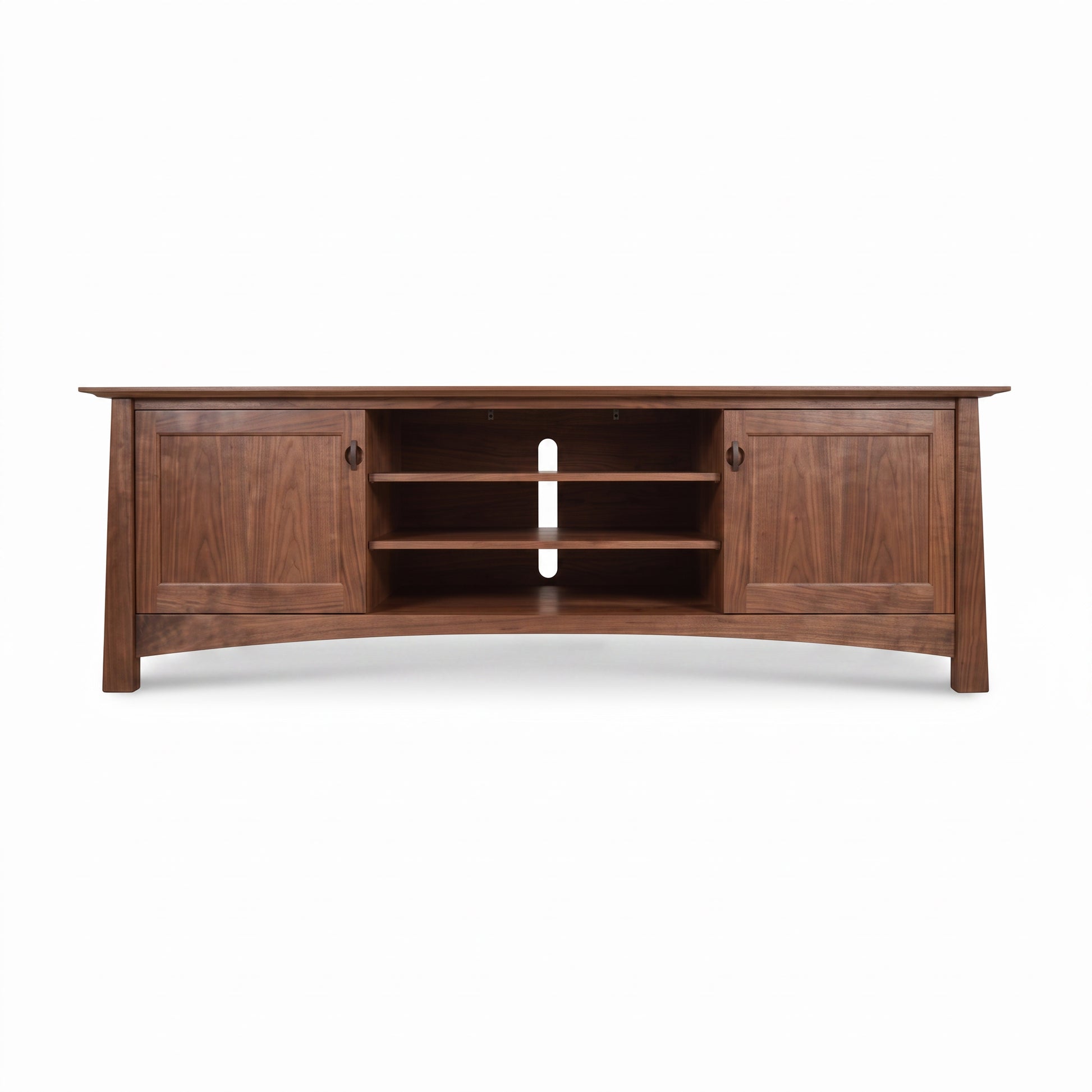 Cherry Moon 80″ TV-media console by Maple Corner Woodworks with 2 cabinets, 3 open shelves, and cable management hole in solid wood craftsmanship.