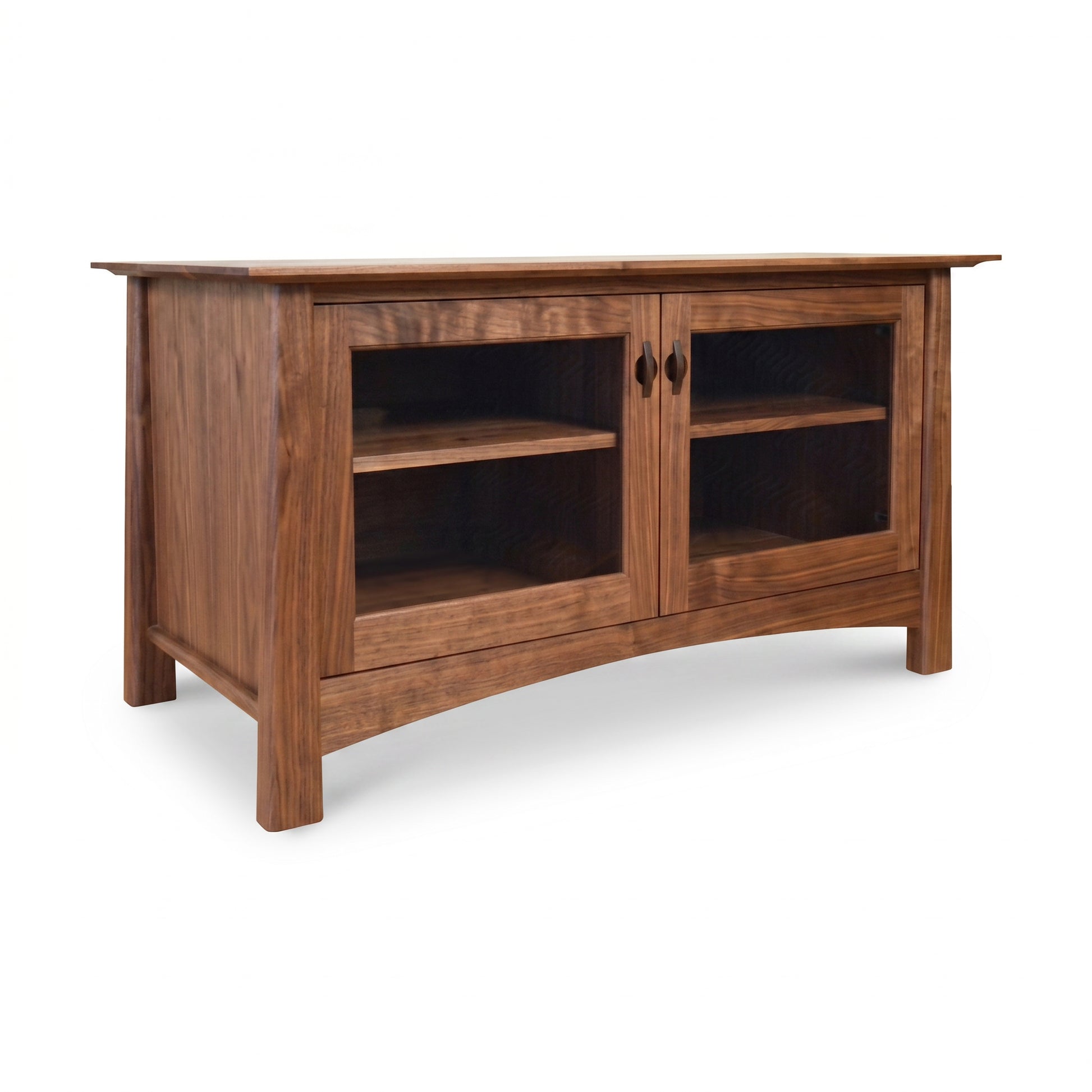 Maple Corner Woodworks Cherry Moon 49" TV-Media Console in solid cherry wood, featuring elegant glass-paneled doors and a spacious shelf for media storage.