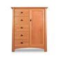 Cherry Moon Sweater Chest showcasing five spacious drawers and a cabinet door, crafted from sustainably harvested solid wood with metal handles and finished in eco-friendly oil.