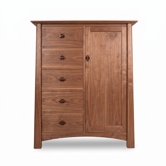 Cherry Moon Sweater Chest by Maple Corner Woodworks features 5 drawers, 1 door, and is crafted from sustainably harvested cherry wood.