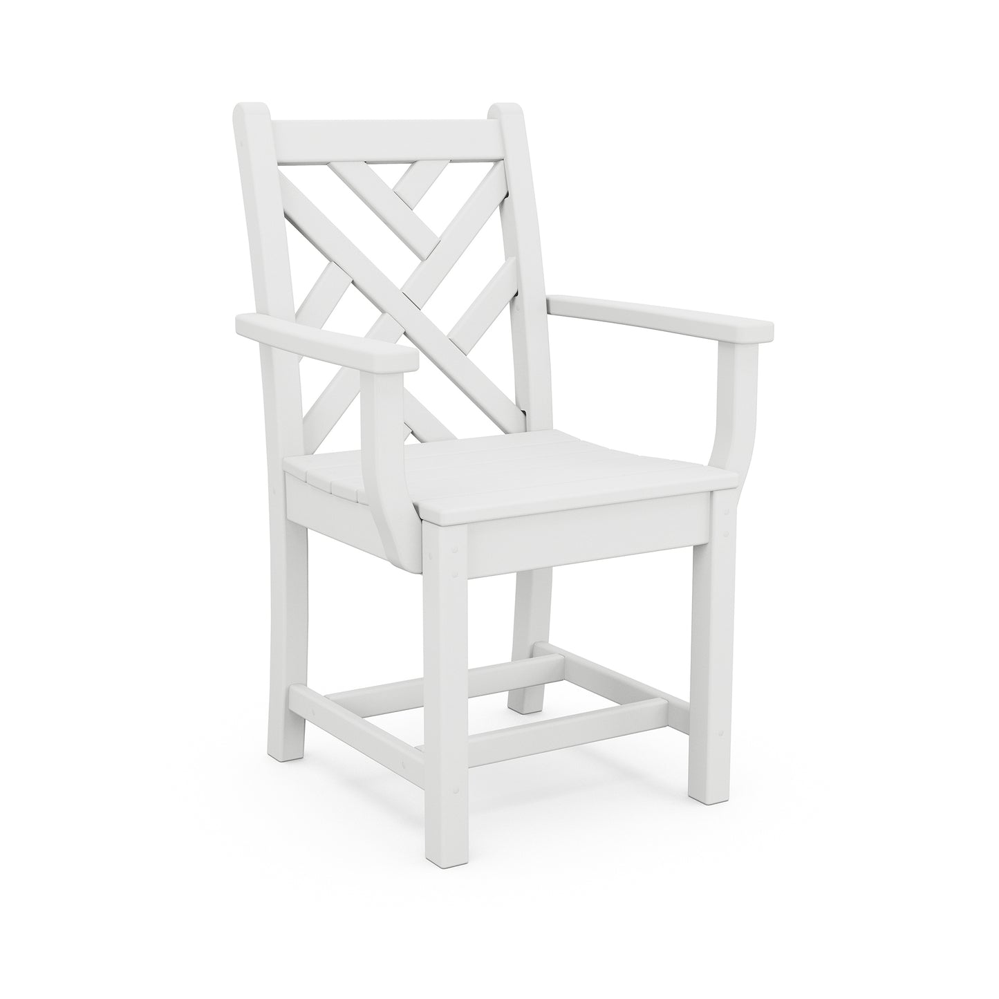 White POLYWOOD Chippendale Outdoor Dining Arm Chair with distinctive crisscross back and straight legs, crafted in the USA, shown against a neutral background.