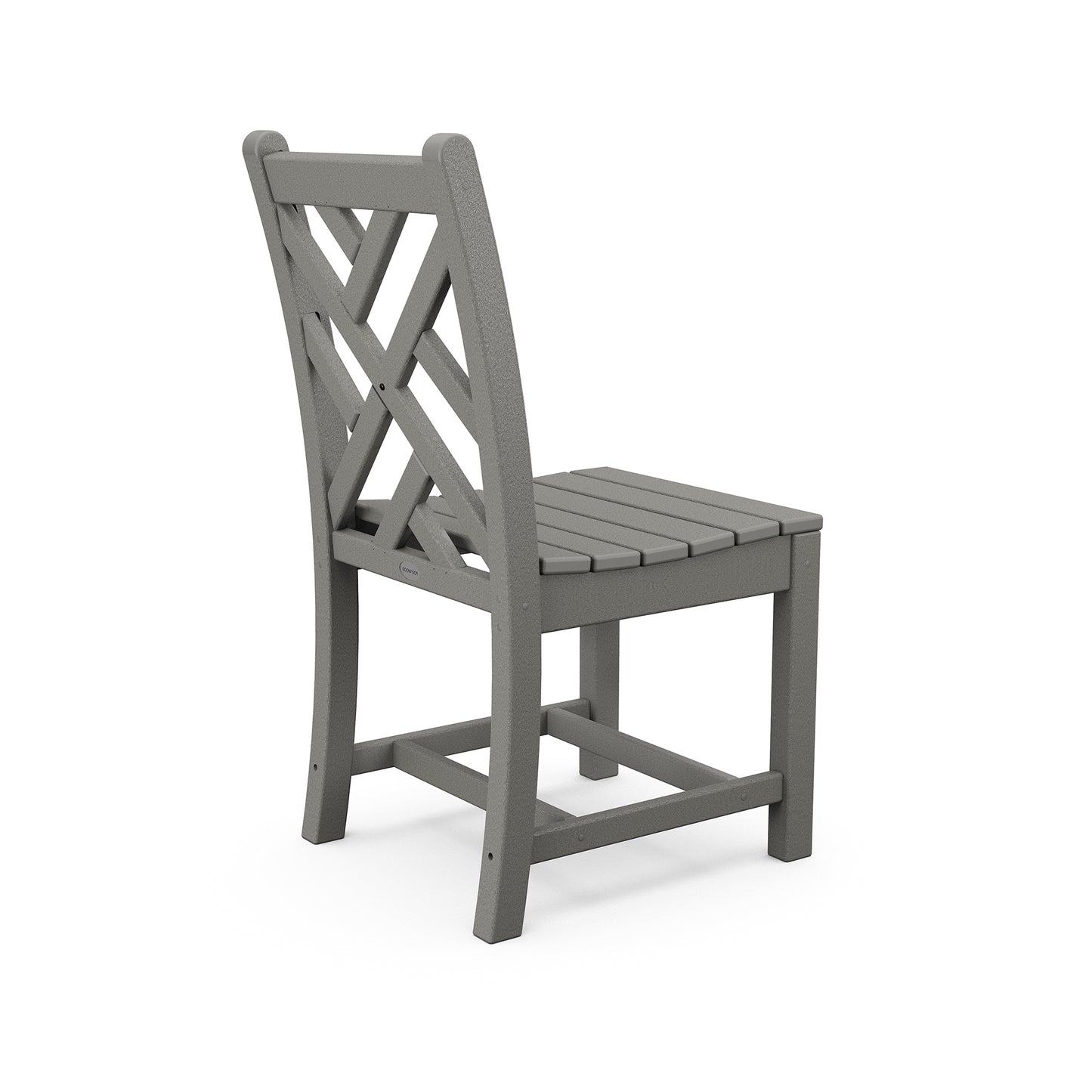 Gray POLYWOOD Chippendale Outdoor Dining Chair featuring a slatted seat and cross-back design, viewed from behind at an angle.