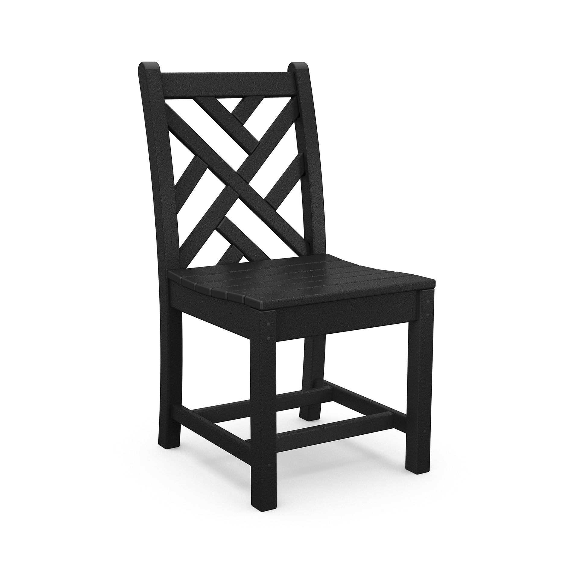 POLYWOOD Chippendale Outdoor Dining Chair featuring a black slatted seat and crisscross backrest, crafted from durable American materials.