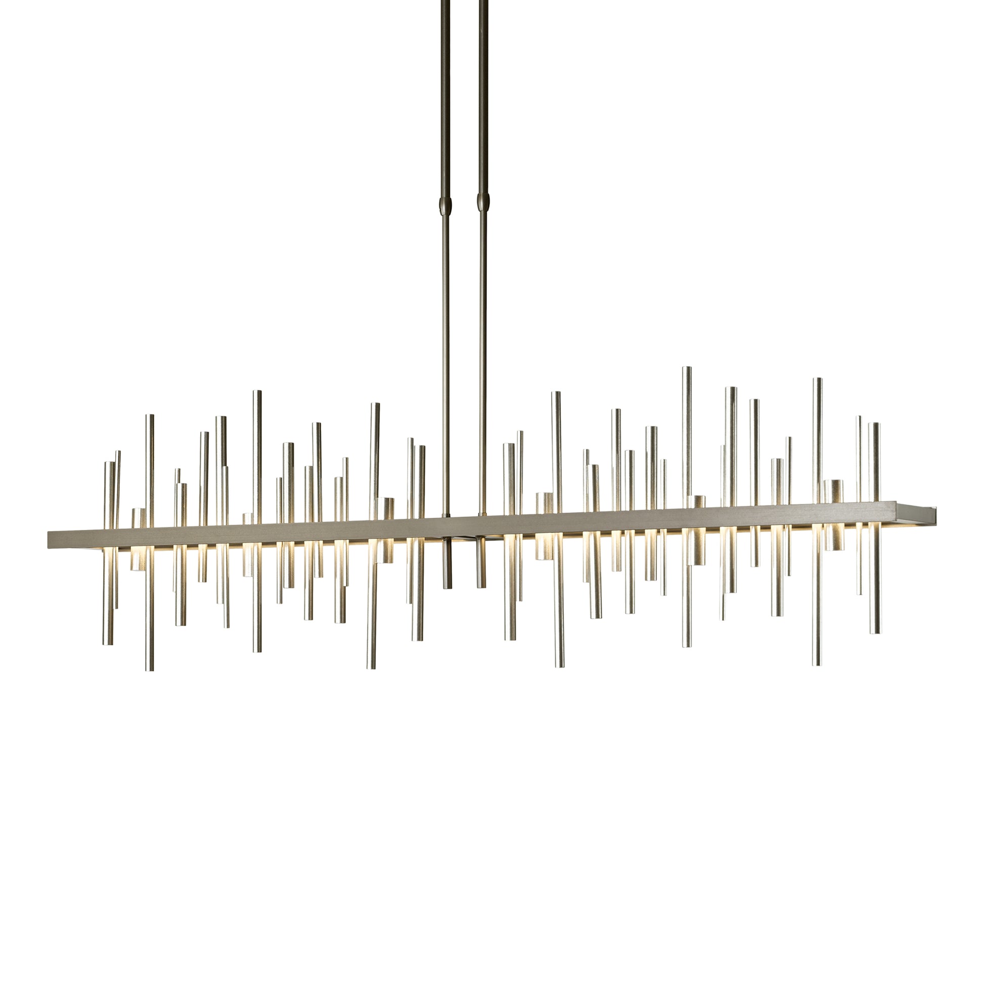 Modern Vermont-crafted Cityscape Large LED Pendant chandelier by Hubbardton Forge with vertical metal rods.