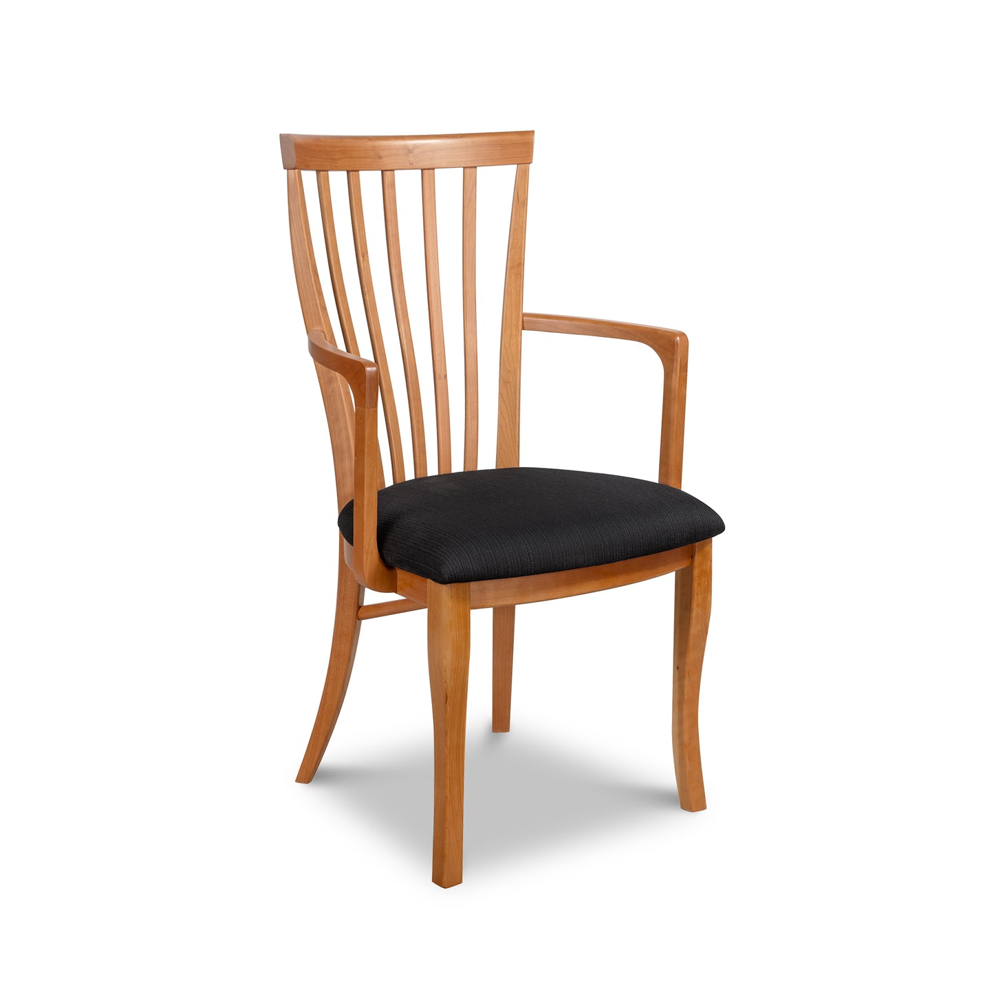 Classic Shaker Arm Chair by Lyndon Furniture featuring a curved back, armrests, and black seat, expertly handcrafted in Vermont.