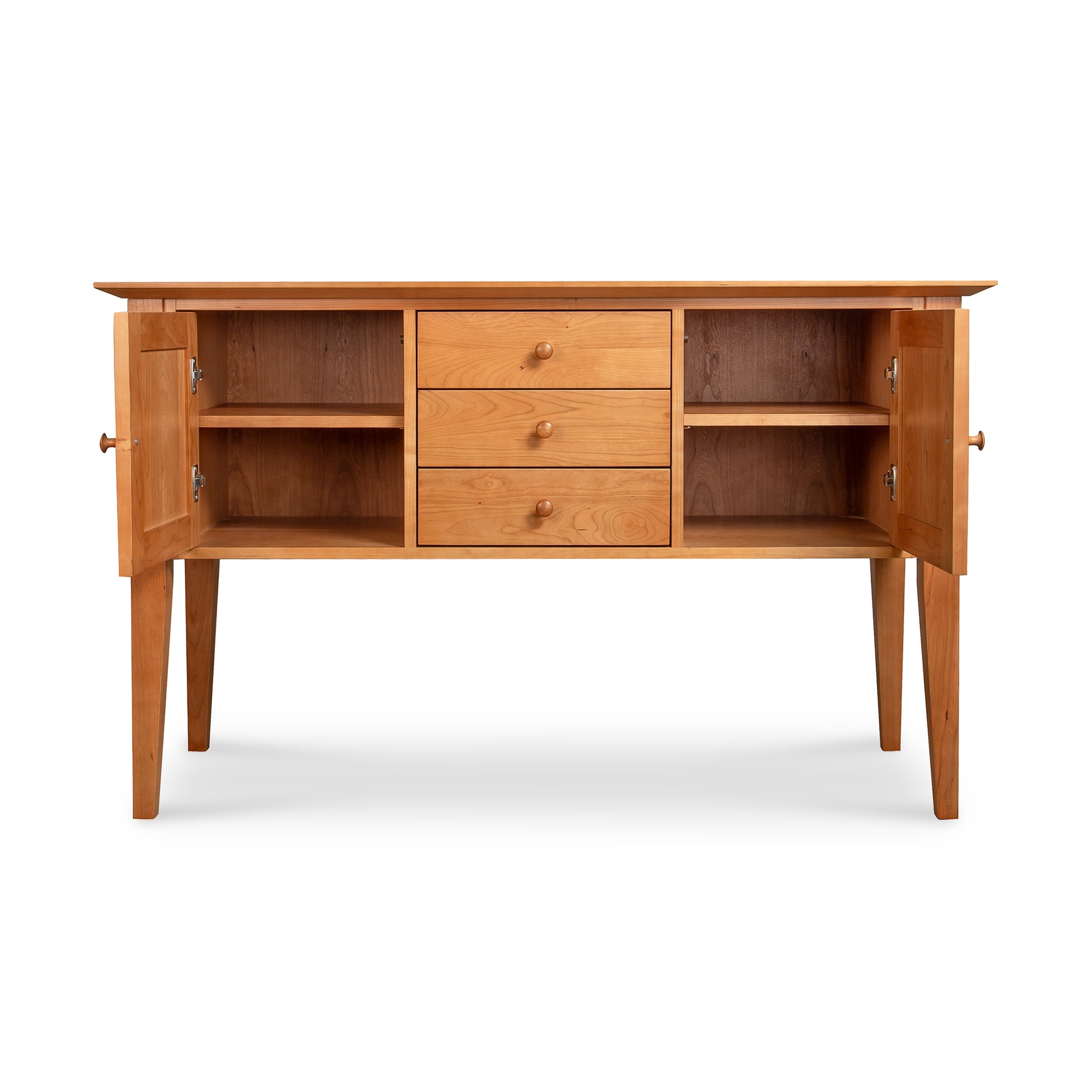 Classic Shaker Small Buffet in light wood by Lyndon Furniture, with 3 central drawers and 2 side cabinets featuring shelves.