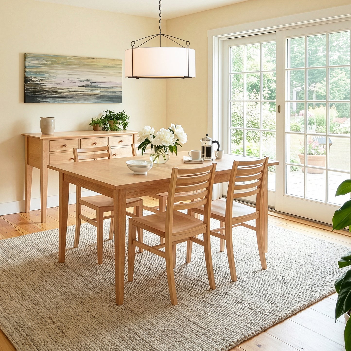 Lyndon Furniture Classic Shaker Solid Top Dining Table with four matching chairs, handcrafted in Vermont from solid wood.