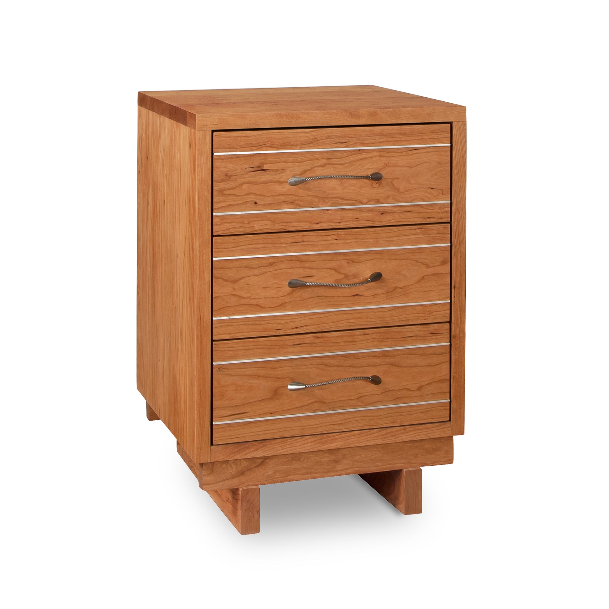 Contemporary Cable 3-Drawer Nightstand by Vermont Furniture Designs with silver handles, showcasing sleek, industrial-inspired craftsmanship and high-quality wood construction.