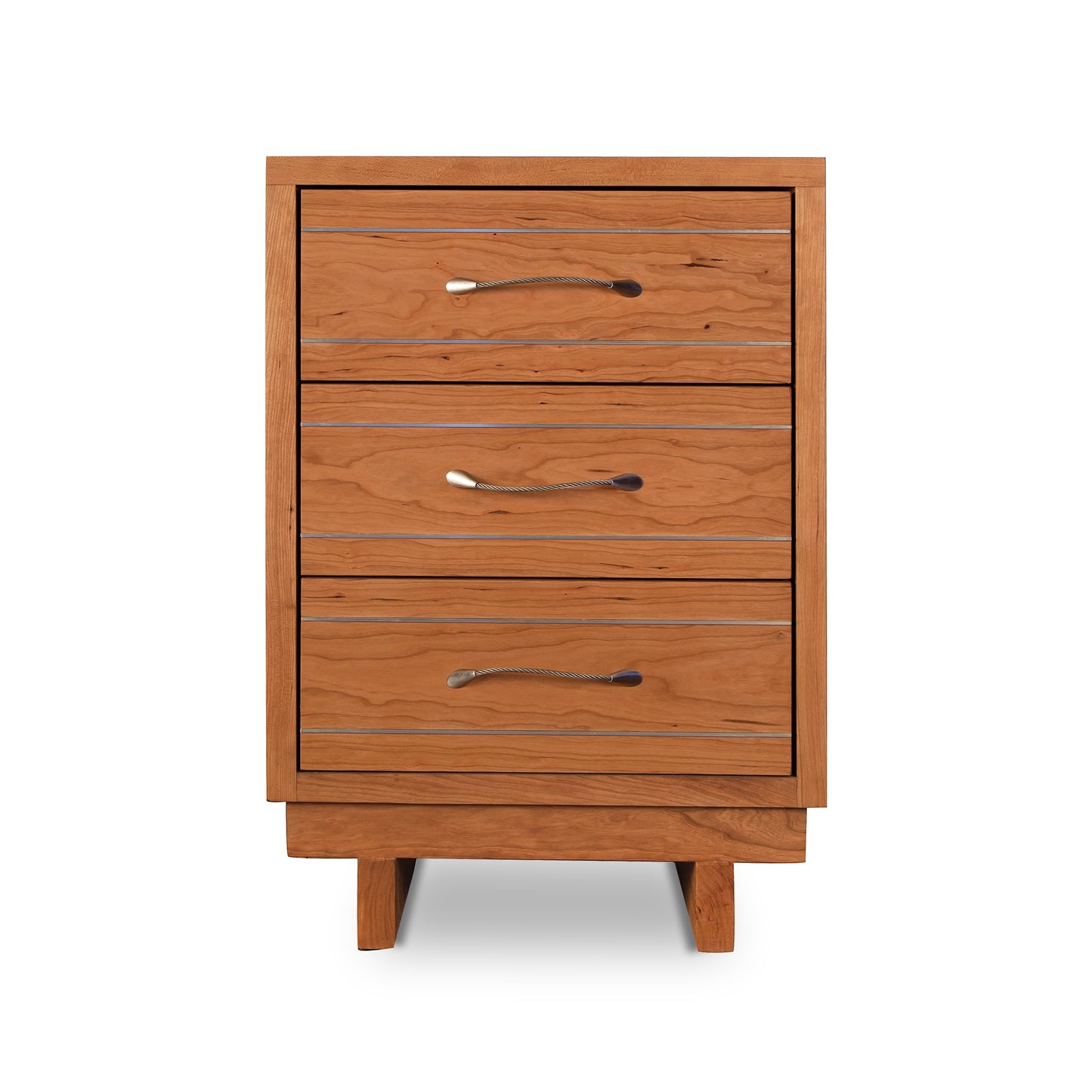 Contemporary Cable 3-Drawer Nightstand features sleek metal handles and a smooth wood finish, showcasing modern American craftsmanship.