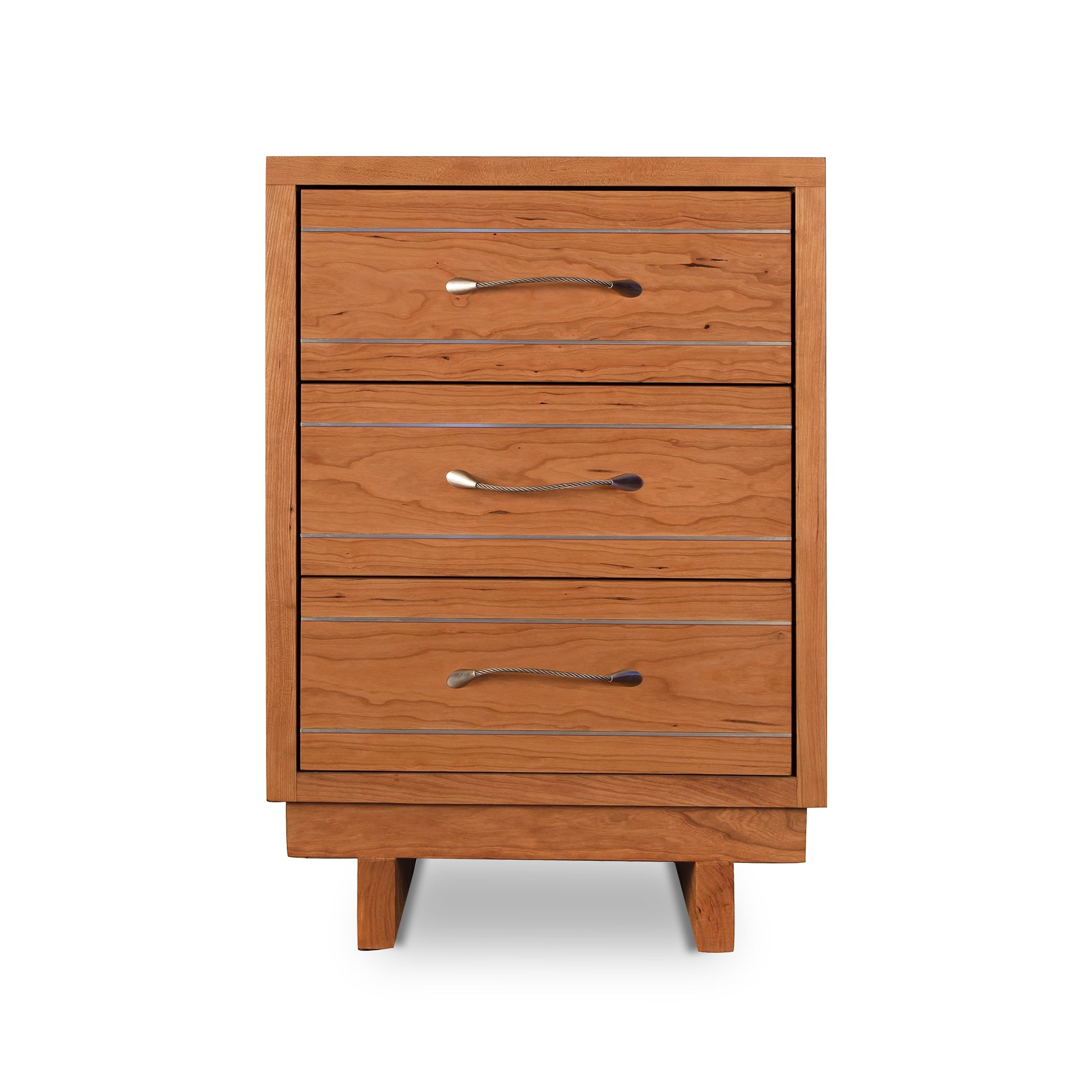 Contemporary Cable 3-Drawer Nightstand features sleek metal handles and a smooth wood finish, showcasing modern American craftsmanship.