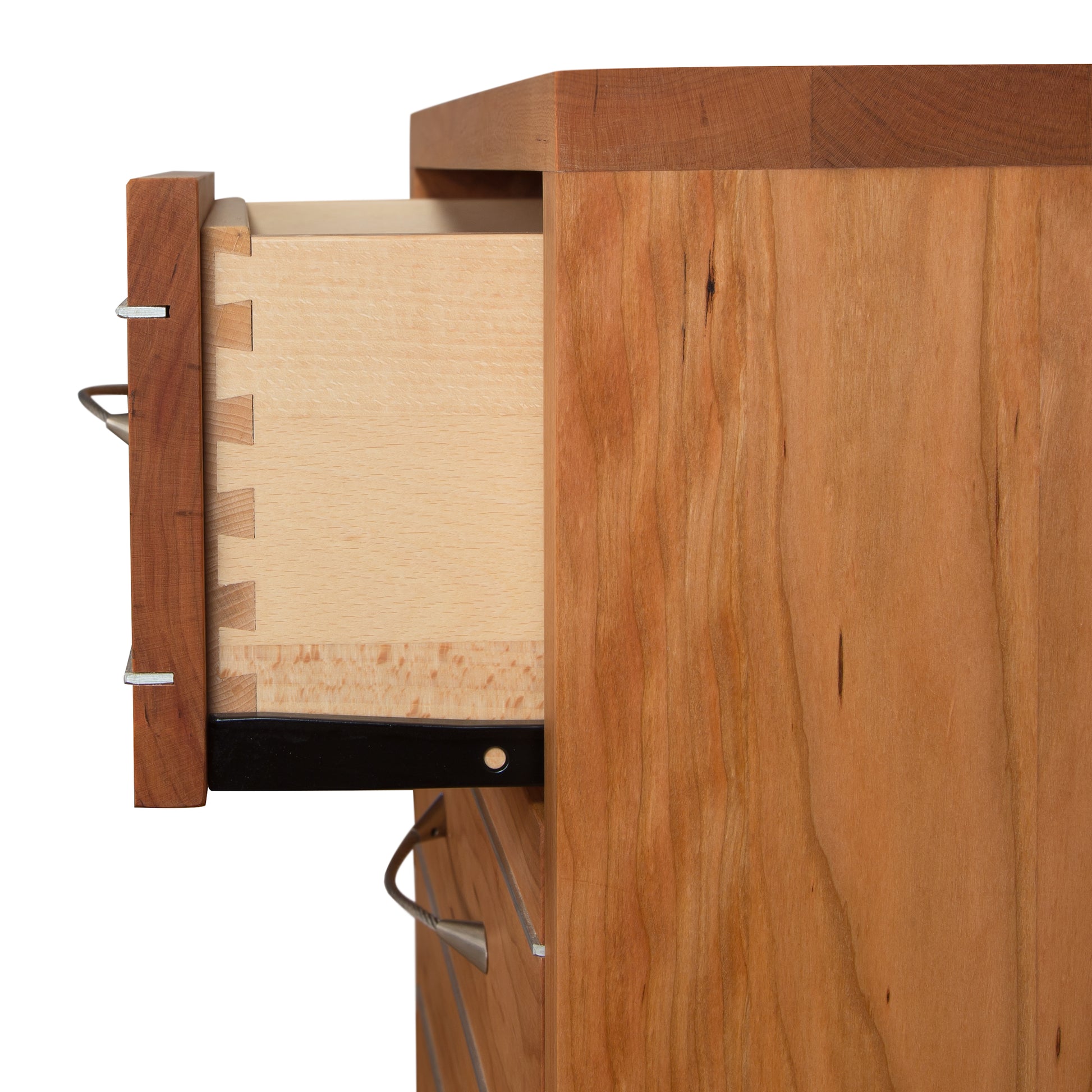 Vermont Furniture Designs Contemporary Cable 3-Drawer Nightstand featuring cable pulls, dovetail joints, and smooth metal slides.