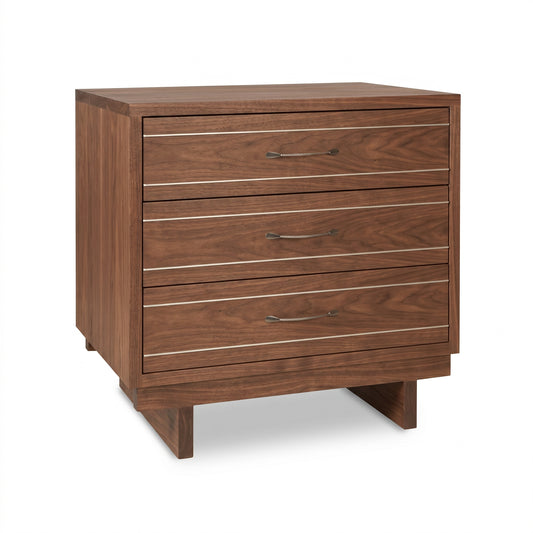 Contemporary Cable 3-Drawer Chest by Vermont Furniture Designs featuring metal handles and a natural wood finish in a sleek, modern rectangular form.