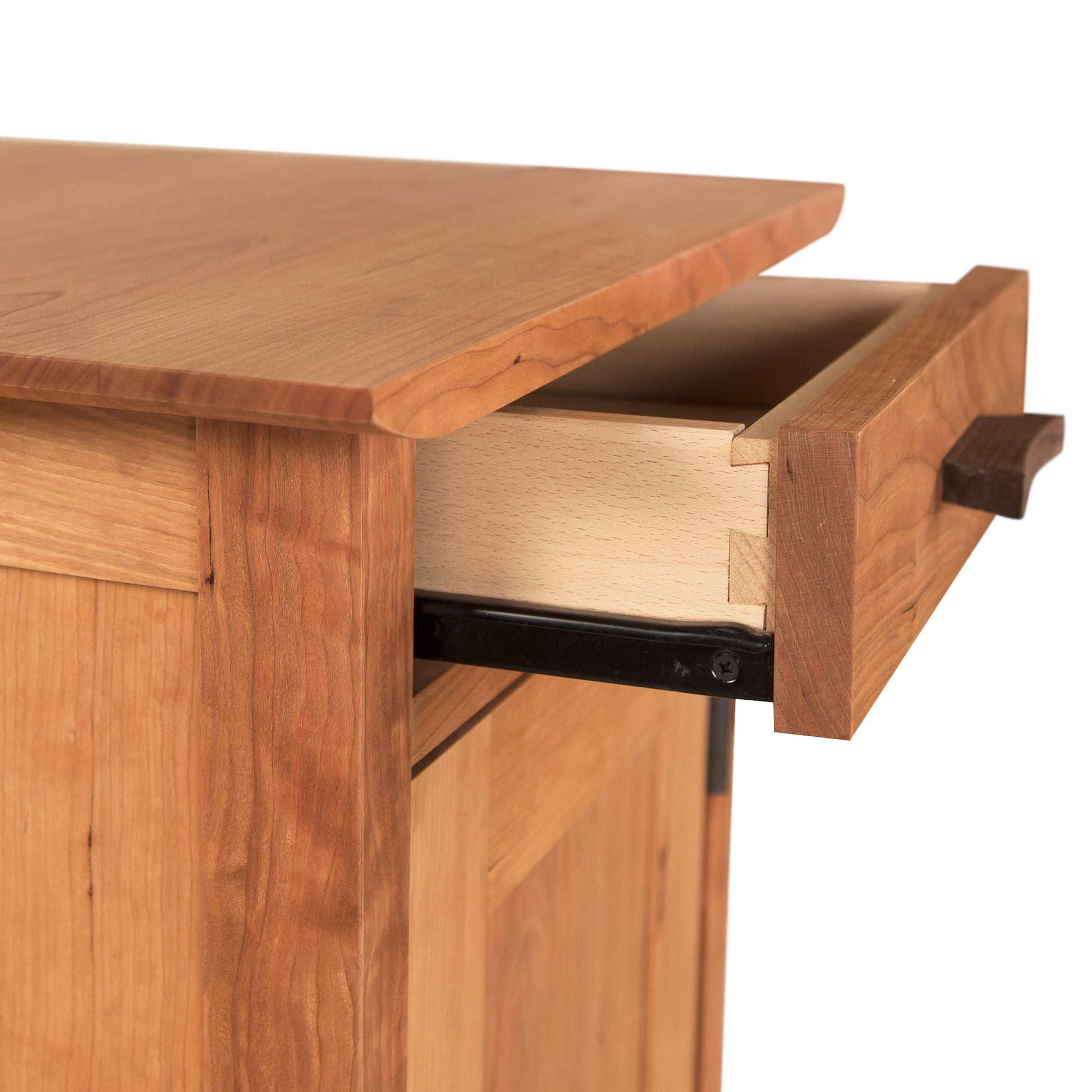 Vermont Furniture Designs Contemporary Craftsman 1-Drawer Nightstand with Door, showcasing quality woodwork and an open drawer.