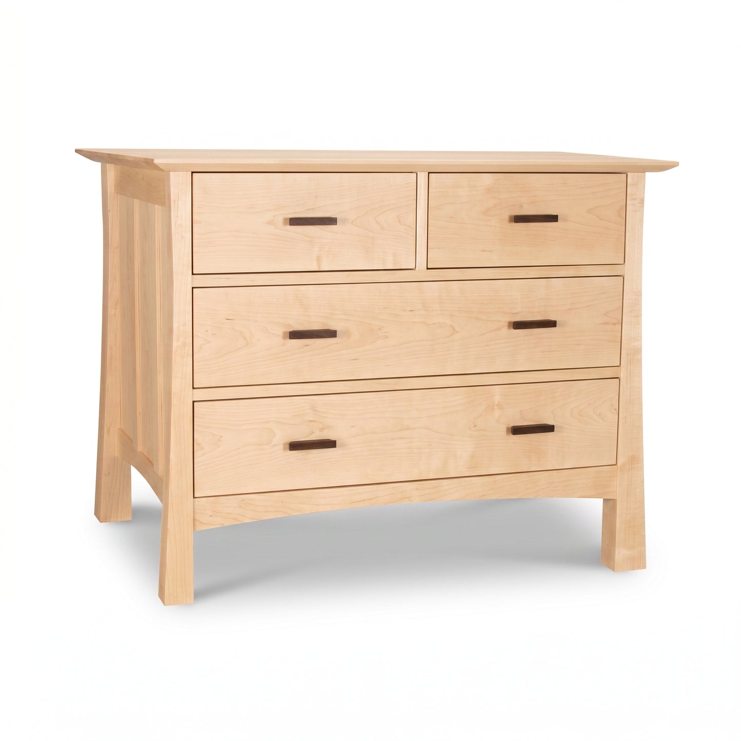 Contemporary Craftsman 4-drawer chest in light wood with dark handles, handcrafted by Vermont Furniture Designs, American made quality furniture.