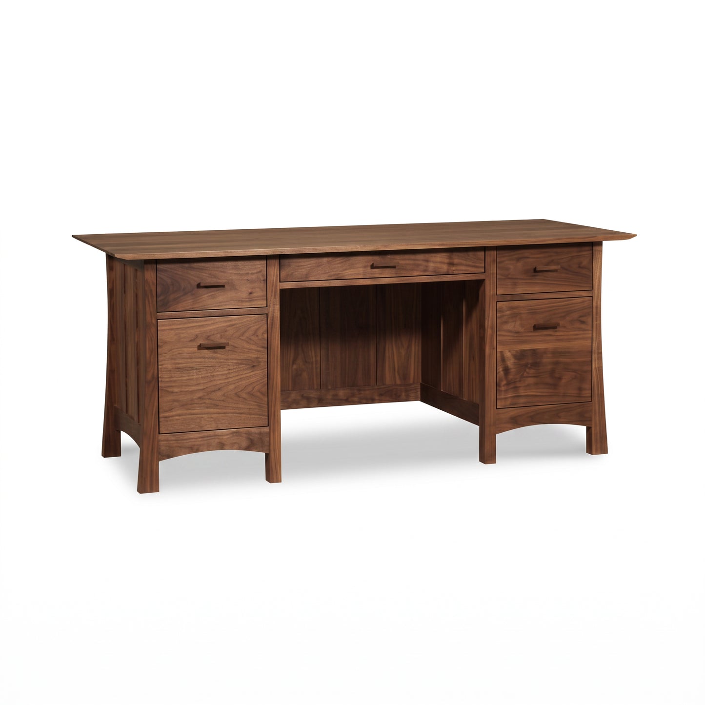Contemporary Craftsman Executive Desk by Vermont Furniture Designs with five drawers and knee space, crafted in solid wood, American made.