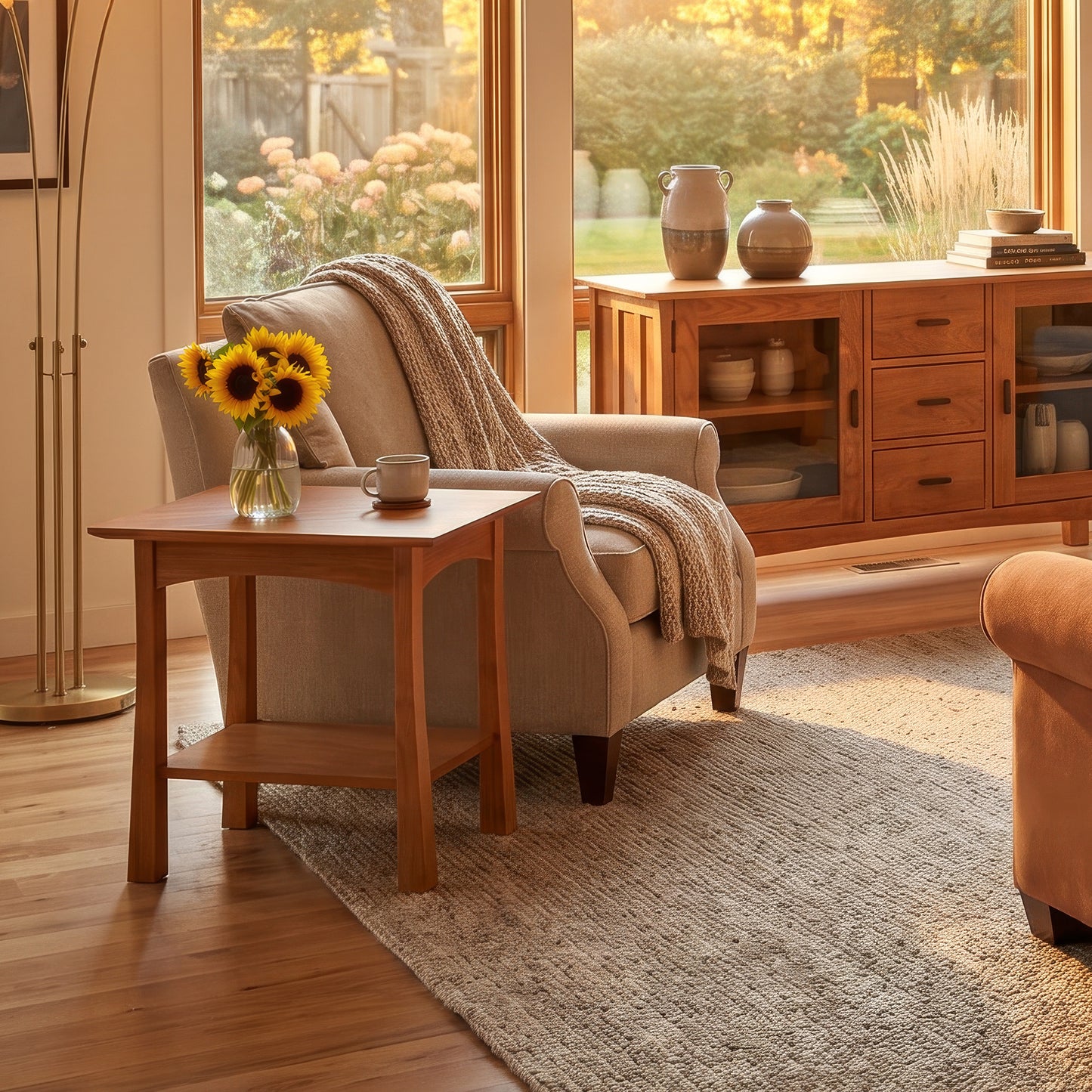 A beige armchair and Vermont Furniture Designs lamp table showcase fine American craftsmanship, highlighted in natural sunlight.