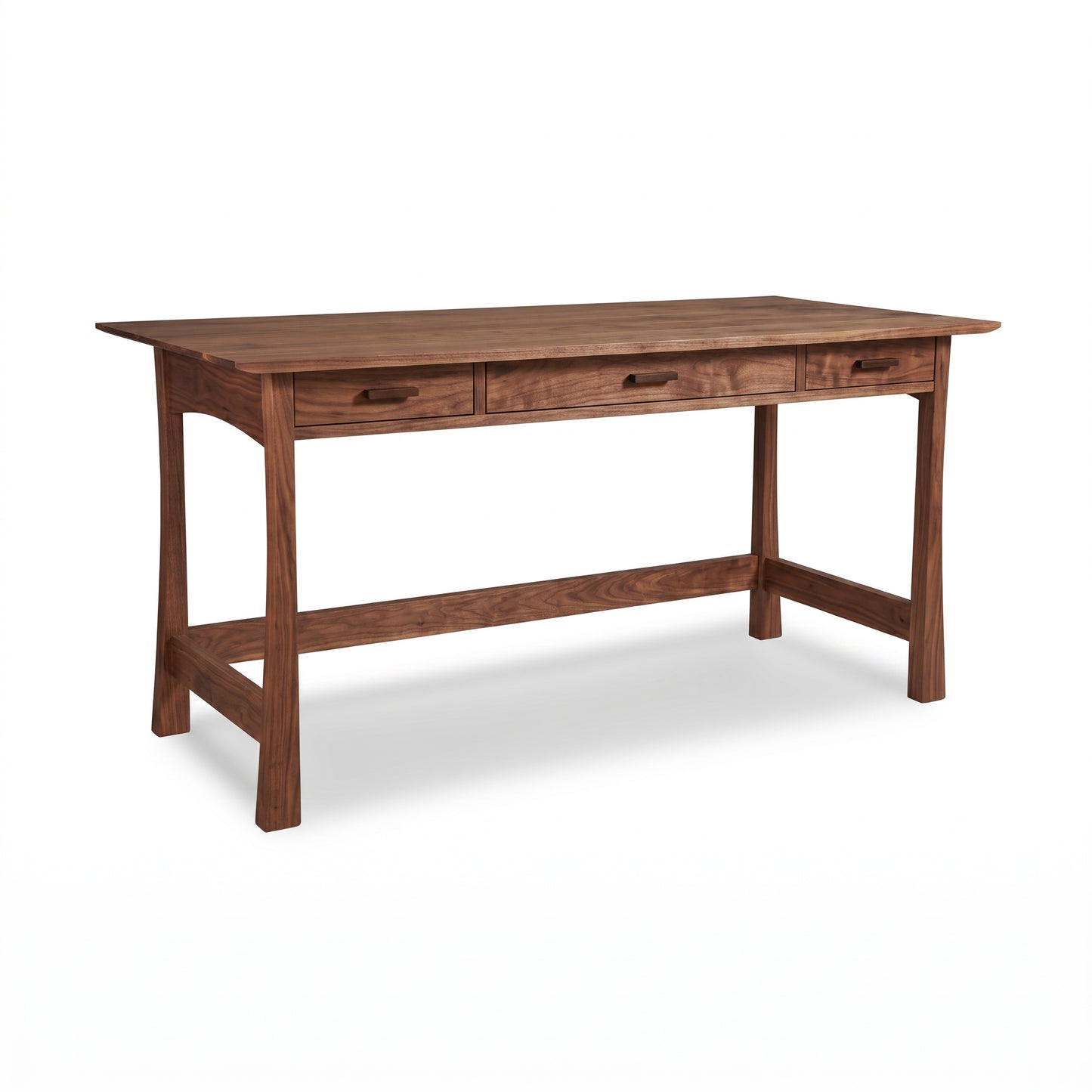 Contemporary Craftsman Library Desk in solid wood with three drawers and angled legs, crafted by Vermont Furniture Designs, shown clearly in detail.