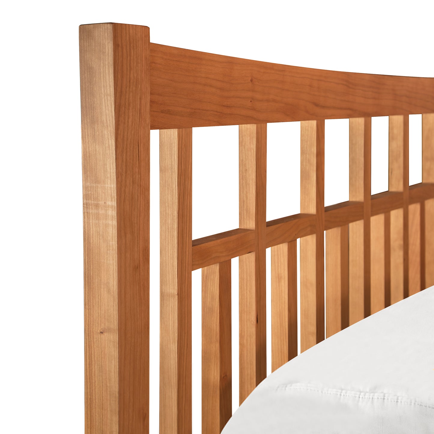Detail of the right siderail on the Contemporary Craftsman Low Footboard Bed by Vermont Furniture Designs, showcasing premium American craftsmanship.