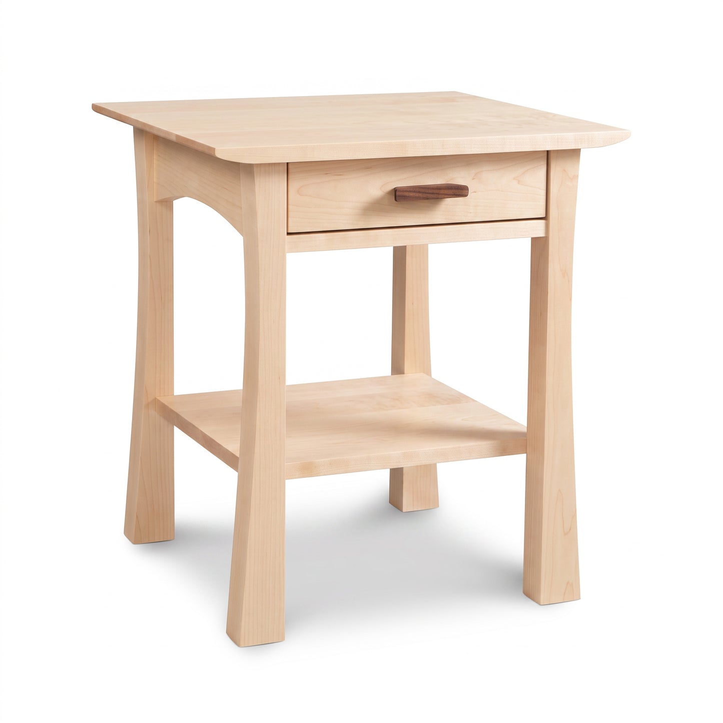 Contemporary Craftsman nightstand by Vermont Furniture Designs in light solid wood, single drawer, open shelf, curved legs, handcrafted in Vermont.